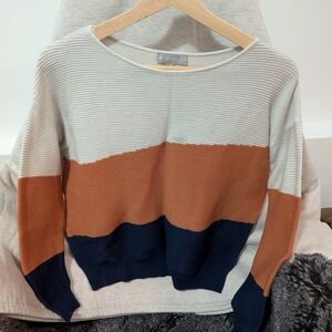 Colorblock Sweater - Cream, Brown, and Blue